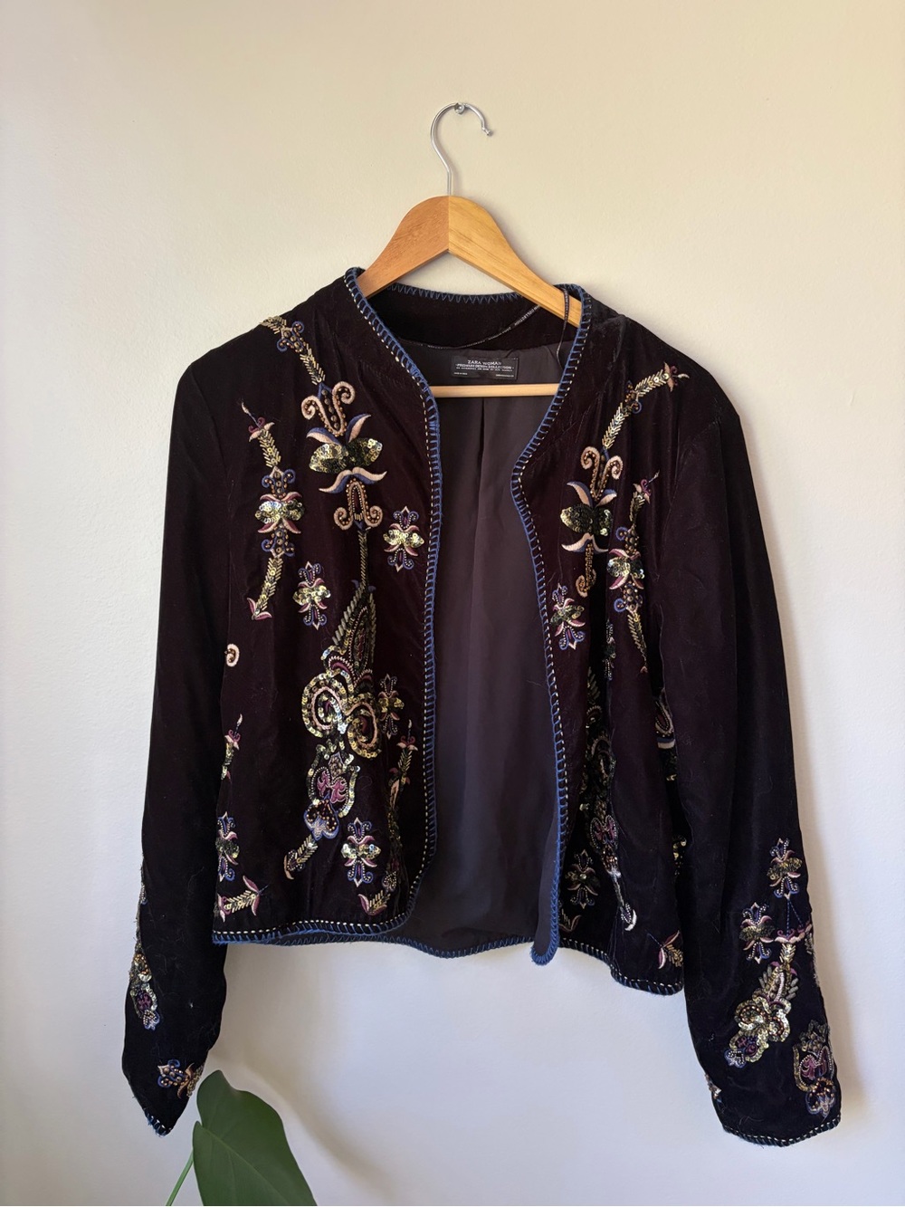 Zara Black Embroidered Velvet Open-Front Blazer